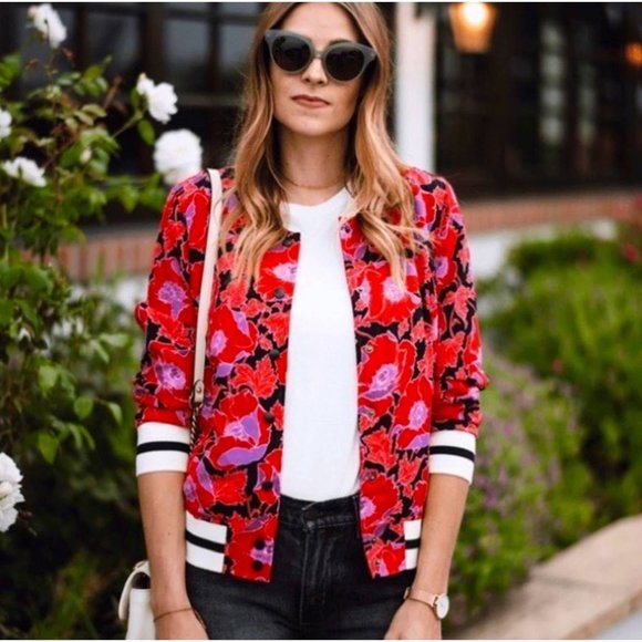Who What Wear Jackets & Blazers - Who What Wear Silky Ribbed Lightweight Red Poppy Floral Bomber, Sz S